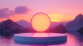 Pink And Orange Sunset Over Mountains With Glowing Circle Platform Royalty Free Stock Photo