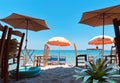 Mediterranean beach hotel,Greece leisure  beach blue sky white sand people relaxing and take sun bath at sea resort holiday in Gre Royalty Free Stock Photo