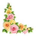 Pink, orange and yellow roses. Vector corner background.