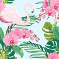 Pink orchid flamingo tropical leaves pattern blue