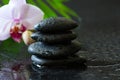 Orchid flower and dewy stones on black background, spa concept, body and mind, zen stone Royalty Free Stock Photo