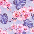 Pink Orchid Flowers With Outlines And Large Monstera Leaves On Light Lilac Background. Seamless Floral Tropical Pattern.