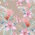 Pink orchid, protea, herbs, succulent, palm leaves and greenery seamless pattern Royalty Free Stock Photo