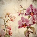 Vintage Orchid Background: Blooming Orchids On A Wall With Highly Detailed Illustrations Royalty Free Stock Photo