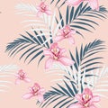 Pink orchids and tropical leaves. Seamless pattern.