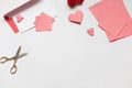 Pink origami hearts and red paper envelope with white blanks and. Valentine\'s day concept card. Royalty Free Stock Photo