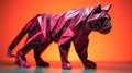 A pink origami tiger standing on a red background, AI. Paper crafted origami