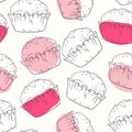 Pink outline seamless pattern with muffins