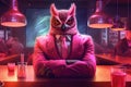pink owl draped in a stylish leather jacket that symbolizes its status among the underworld elite in neon bar illustration