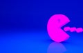 Pink Pacman with eat icon isolated on blue background. Arcade game icon. Pac man sign. Minimalism concept. 3d