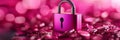 Pink padlock surrounded by financial icons symbolizing security protection wealth prosperity and financial stability