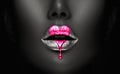 Pink Paint lipgloss drops on sexy lips, bright liquid paint on beautiful model girl\'s mouth. Valentine\'s Day Royalty Free Stock Photo