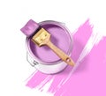 Pink paint tin can with brush on top on a white background with pink strokes Royalty Free Stock Photo
