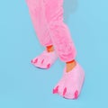 Pink Pajamas Party mood. Funny slippers.   Minimal. Home Relax style. Kigurumi shop concept Royalty Free Stock Photo