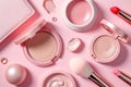 Elevated Beauty Still Life A Pink Palette of Cosmetics and Tools for Flawless Application on a Soft Pink Backdrop Royalty Free Stock Photo