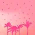 Pink Palm tree silhouette pink pastel sky with many hearts