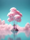 pink palm trees on a small island in a blue sea. Generative AI