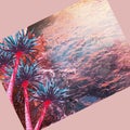 Pink palms on the background of the sea. Vacation concept, summer