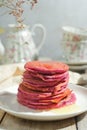 Pink pancakes breakfast.