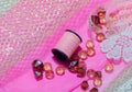 Pink paper, beads, thread, gold mesh for needlework, leisure for the whole family, hobby,
