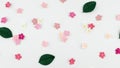 Pink paper flowers and green leaves