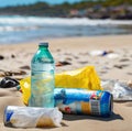 World Love Day, image of trash on the beach with plastic bags Royalty Free Stock Photo