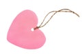 Pink paper Heart shaped tag with rope isolated on white Royalty Free Stock Photo