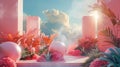 Pink paradise. Pink flowers, rocks, and waterfalls in the magical landscape. 3D rendering. Royalty Free Stock Photo