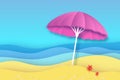 Pink parasol in paper cut style. Origami Empty sea and beach background with copy space