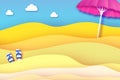 Pink parasol in paper cut style. Origami sand beach with summer equipment . Beach rest. Vacation and travel concept