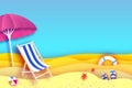 Pink parasol - umbrella in paper cut style. Blue Chaise lounge. Origami sea and beach. Sport ball game. Flipflops shoes