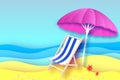 Pink parasol - umbrella in paper cut style. Blue Chaise lounge. Origami sea and beach. Vacation and travel concept. Royalty Free Stock Photo