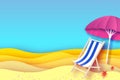 Pink parasol - umbrella in paper cut style. Blue Chaise lounge. Origami sea and beach. Vacation and travel concept. Royalty Free Stock Photo