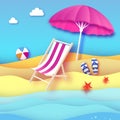 Pink parasol - umbrella in paper cut style. Pink Chaise lounge. Origami sea and beach. Sport ball game. Flipflops shoes Royalty Free Stock Photo