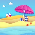 Pink parasol - umbrella in paper cut style. Origami sea and beach. Sport ball game. Flipflops shoes. Vacation and travel Royalty Free Stock Photo