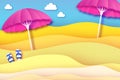 Pink parasols in paper cut style. Origami sand beach with summer equipment . Beach rest. Vacation and travel concept