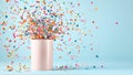 Pink party cup with colorful confetti explosion on a light blue background Royalty Free Stock Photo