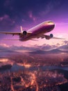 Pink passenger airplane flies in purple sky over the twilight city. Concept of airline companies, travel, plane transportation,
