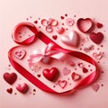 Pink Pastel Background Hosts Hearts and Red Ribbon in Flat Lay Valentines Card. Generative ai for illustrations Royalty Free Stock Photo