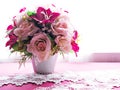 Pink pastel colored artificial rose flowers bouquet in pot on table, copy space for text or lettering pretty background Royalty Free Stock Photo
