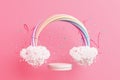 pink pastel product podium display swing rainbow kid girl cute advertisement cloud float and bubble makeup cosmetic teenager.