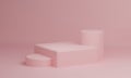 Pink pastel rectangle cube and cylinder product showcase table on background. Abstract minimal geometry concept. Studio podium