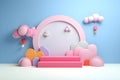 Pink pastel stair step podium display cloud balloon float girly advertising cute background celebrate sweet. Generative Ai.