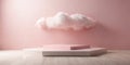 Pink pastel studio backdrop with a fluffy cloud and a two-tiered hexagonal display platform. Generative AI Royalty Free Stock Photo