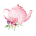 Pink Pastel Teapot Flowers Watercolor Foliage Afternoon Tea Floral Arrangement