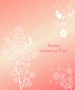 Pink pastel wedding greeting card with beautiful lacy tree, hanging birdhouse and lovely birds pair Royalty Free Stock Photo