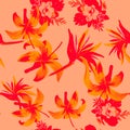 Pink Pattern Nature. Red Seamless Foliage. Ruby Tropical Art. Coral Flower Design. Scarlet Wallpaper Texture.