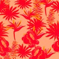 Pink Pattern Painting. Scarlet Tropical Vintage. Red Floral Illustration. Ruby Drawing Hibiscus. Coral Fashion Palm.