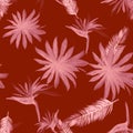 Pink Pattern Palm. Scarlet Seamless Palm. Red Tropical Exotic. Ruby Isolated Painting. Brown Drawing Design.