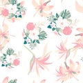 Pink Pattern Palm. White Seamless Exotic. Gray Tropical Illustration. Wallpaper Hibiscus. Drawing Plant.